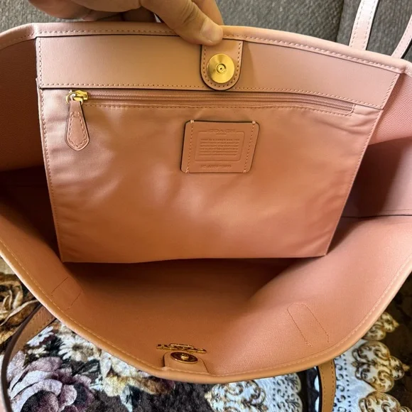 COACH Brown/Pink Signature Coated Canvas Gold-Tone Hardware City Tote Bag - Picture 6 of 12
